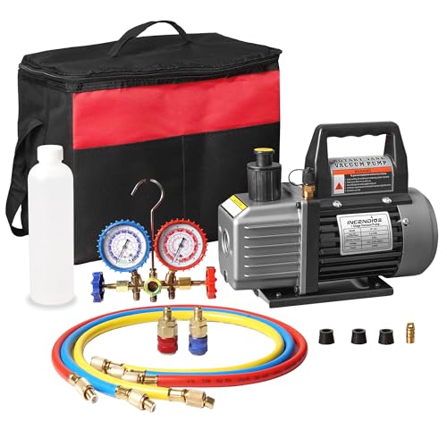 4.5 CFM 1/4 HP AC Vacuum Pump and Gauge Set, Single Stage HVAC Vacuum Pump for R12 R22 R502 R134A R404 R407 R452A, AC Refrigerant Manifold Gauge Set Kit with Hoses, 330 ML Oil Included