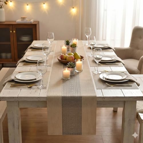 Image of YELONA Placemats and Table Runner Set - Heat Resistant, Non-Slip & Washable PVC Vinyl Dining Table Mats - Almond Beige (6 Placemats: 45x30 cm, 1 Runner: 180x30 cm)