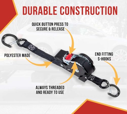 Mytee Products 4 Auto Retract NO-RATCHETING Ratchet Straps | 1" x 12' Retractable Ratchet Straps with Coated S Hook Tiedowns for Motorcycles, ATVs, Bikes: Tight & Secure Pickup Trailer Tie-Down - Thumbnail 2