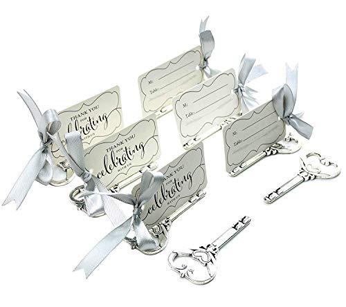 Aokbean 50pcs Multi Function Vintage Skeleton Key Bottle Opener Place Card Holders for Weddings Table Name Cards for Guest Souvenir French Ribbon (Antique Silver)