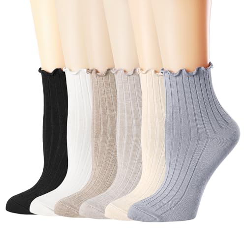 Mcool Mary Womens Ruffle Socks Crew Casual Cotton Frilly Breathable Cute Knit Lettuce Trim Ankle Solid Socks 6 Pack