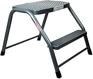 Simpa® Small 2 Step Safety Utility Stool Ladder  Heavy Duty Steel Construction - Lightweight Design  For Kitchen Stool Caravan Home Garden Tool DIY in Silver Colour