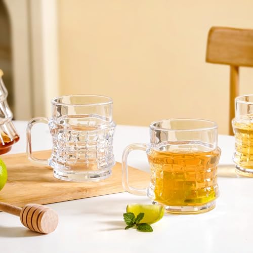 Image of Nestasia Transparent Glass Tea Cups Set of 6 (165ml Each) - Dishwasher Safe & 100% Food Safe Coffee Cups with Handle for Coffee, Tea, Hot & Cold Beverages | Geometric Embossed Design