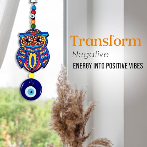 Image of PACKNBUY Evil Eye Owl Hanging for Home Entrance Main Door Car Office Wall Decor Protection Good Luck Turkish Evil Eye Nazar Battu Vastu Feng Shui (Blue Design 1)