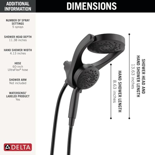 Image of Delta 5-Setting HydroRain 2-in-1 Dual Shower Head with ProClean Spray, Matte Black High Pressure Shower Head with Handheld Spray, 1.75 GPM Flow Rate, Matte Black 75419BL