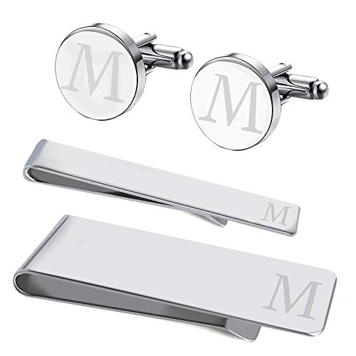 Bodyj4You 4Pc Cufflinks Tie Bar Money Clip Set | Button Shirt Initials Alphabet Letter M | Mirror Polished Silvertone Metal | Best Man Groom Wedding Business Gift Box #TOP6