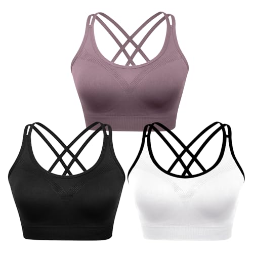 Image of WOYYHO Cross Back Sports Bra for Women Padded Medium Support Workout Bra | 3 Pack, Strappy, Removable Pads, Soft, Spaghetti Strap, Moisture-Wicking, Seamless, for Athletic Yoga Gym Fitness Daily