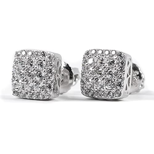 Unisex Small 3D Square White Gold 925 Sterling Silver Micro Pave Iced Cz Cube Shape Tiny Hip Hop Screw Back Post Every Day Stud Earrings For Men Women Jewelry Gifts