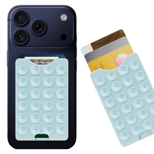 CukoHno Suction Phone Card Holder Adhesive Mount Up to 3 Cards Baby Blue