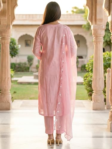Image of INDO ERA Women's Silk Blend Embroidered Thread Work Kurta & Pant with Dupatta Set | Suit Set For Women