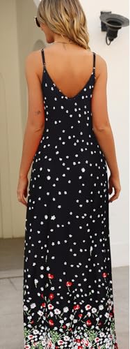 Image of Supnier Women's Summer Maxi Dress Casual V-Neck Sleeveless Bohemian Spaghetti Strap Floral Long Maxi Dress with Pockets