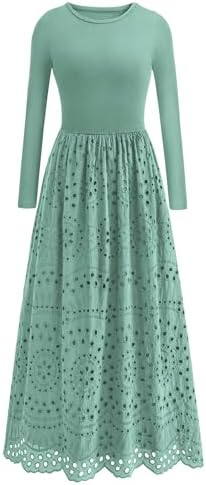 dowerme Women Fall Dresses 2025 Casual Long Sleeve Crewneck A-Line Boho Eyelet Cotton Maxi Wedding Guest Dress Pockets