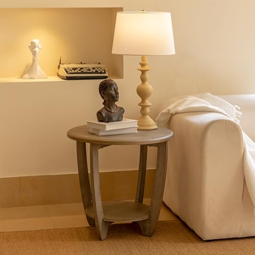 COZAYH Rustic Farmhouse End Table with Storage Shelf, French Country Modern Round Accent Side Table for Small Spaces, Vintage Grey Finish - Image 3