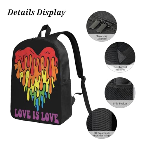 Love Is Love LGBT Gay Pride Rainbow Heart 17 Inch Backpack Sets Lunch Bag Lightweight Daypack for Men Women 3Pcs3