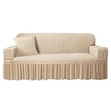 Neween Sofa Slipcover Beige Sofa Cover 1 Piece Easy Fitted Sofa Couch Cover Universal High Stretch Durable Furniture Protector with Skirt Vintage Country Style (3 Seater, Beige)