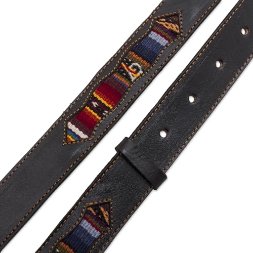 NOVICA Artisan Handmade Woolaccented Leather Belt with Andean Accents Accessories Belts Black Multicolor Patterned Peru Woven 'Cusco Heritage'4
