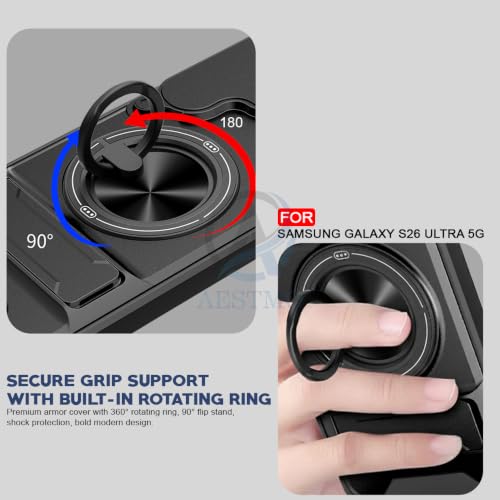 Image of AESTMO Samsung Galaxy S26 Ultra 5G Back Cover | Armor Camera Slider 360 Degree Rotating Finger Ring Holder Case with Bracket Stand Back Case Cover (Compatible with MagSafe Accessories) (Black)