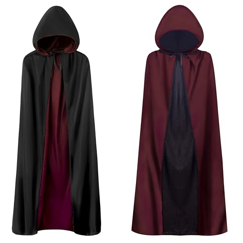 SZCXTOP Unisex Vampire Witch Hooded Capes,Women's Halloween Costumes Reversible Cloak,Cosplay Masquerade Party Robes (Wine Red + Black, L/59in for Adults)