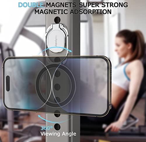 Image of Doflyesky Magnetic Phone Grip Holder Kickstand, Gym Double Adjustable Finger Ring Grip and Stand, Compatible with PopSockets MagSafe Ring Removable for iPhone (Silver)