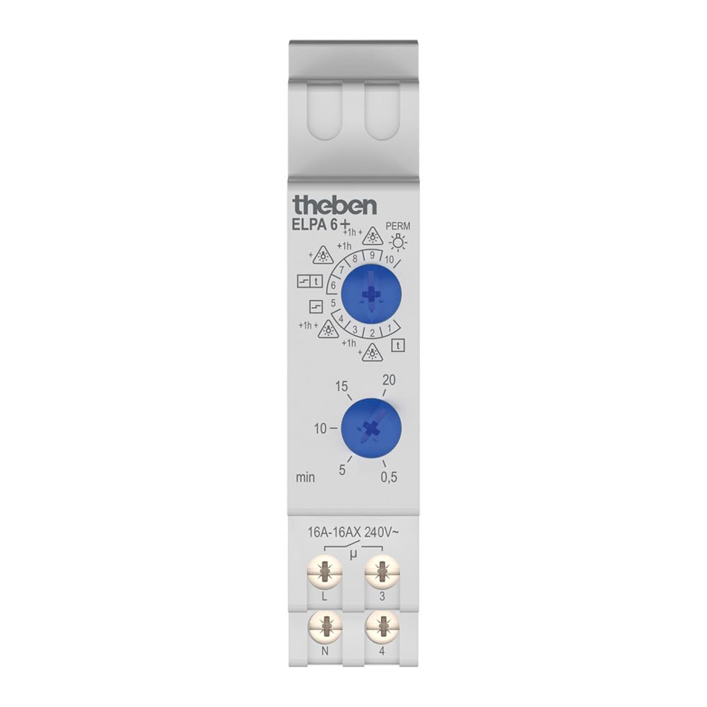 Theben 0060003 ELPA 6 Plus minuterie d’escalier électronique Rail DIN | 0,5 - 20 min, 600 W LED, appareil multifonction 10 fonctions, préavis d’extinction, réarmement immédiat, arrêt anticipé