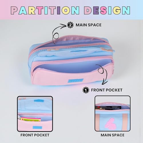 Image of Kawaii Cute Aesthetic Pencil Case for Students | Large Capacity Multi-Pocket Pencil Pouch with Zipper | Cartoon Stationery Organizer Bag for School, College & Office Supplies (LOVELY BUNNY - BLUE)