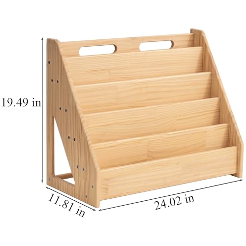 Image of 5 Tier Pine Wood Bookshelf Book Holder Wooden Kid's Book Rack Natural for Kids Room Study Room Play Room Books Magazines Storage Organizer