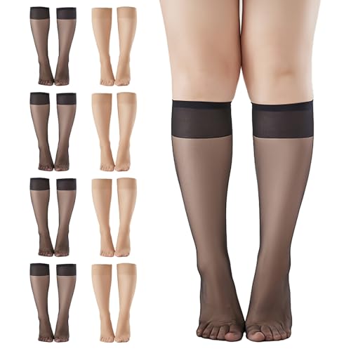Image of 8 Pairs Plus Size Women Knee High Stockings Sheer Nylons Socks Womens Wide Calf Black Nylon Highs Stocking Queen Knee-high Panty Hose Sock