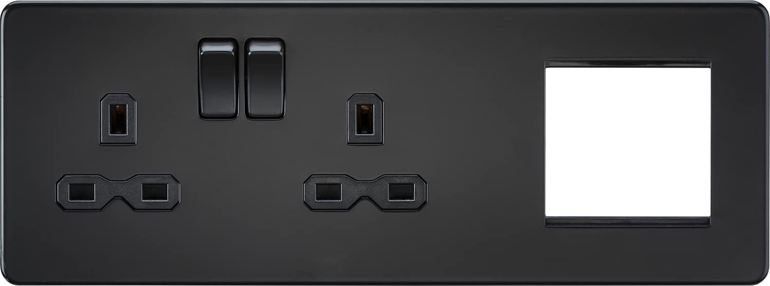 Knightsbridge Matt Black Screwless 13A 2G Dp Socket + 2G Modular Combination Plate