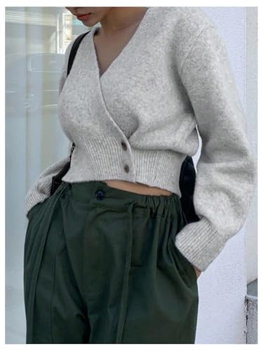 Image of WDIRARA Women's Wrap V Neck Sweater Button Front Long Sleeve Crop Knitted Top