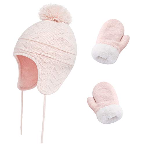 Image of Kids Winter Beanie Hat Mittens Set Warm Fleece Hat Baby Toddler Knitted Hat & Gloves for Boys, Girls