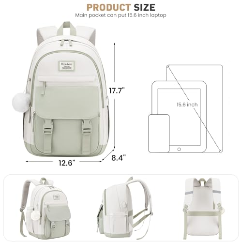 Image of WINDARS School Backpack with Lunch Box for Teen Girls, Cute College Backpacks for Women Students Aesthetic Bookbag Large 15.6 Inch Laptop Bag Middle School Travel Back Pack (Green Beige-3 Pcs)