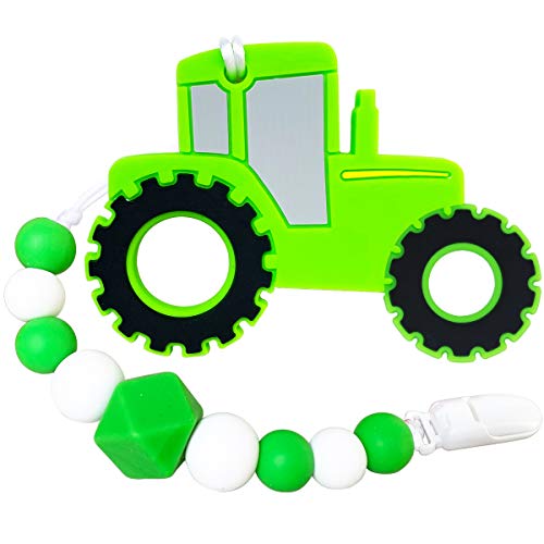 Tractor Baby Teether - Baby Teething Toys for Babies 3-6 Months and 6-12 Months with Pacifier Clip â€“ BPA-Free, Freezer Safe, Natural Organic Boy Teether â€“ Best Baby Shower Gifts (Green)