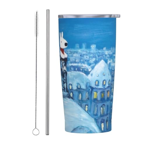 リサとガスパール アニメ ストロー&ストローブラシ付き マグカップ コーヒーカップ 600ml コンビニカップ タンブラー ステンレス製 保冷 保温 車用 蓋付き 持ち運び 水筒 大容量 直飲み キャラクター 人気 プレゼント