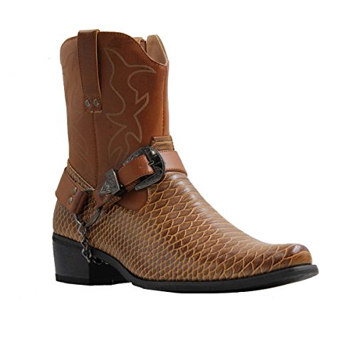 Stylish & Comfort Shoes Men'S Belt Buckle Metal Chain Snake Pattern With Side Zipper Cowboy Boots Brown thumb #2