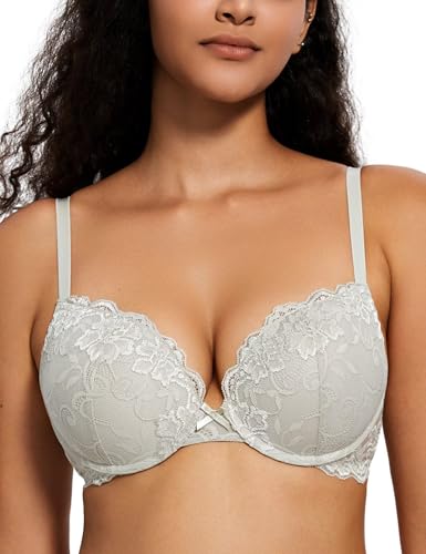 Deyllo Women's Push Up Lace Bra Sexy Deep V Lift Up Bra Underwire Padded Comfort Everyday Bra(Elephant Grey,34C)