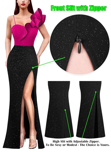 Image of VFSHOW Womens Ruffle One Shoulder Strap Ruched Formal Prom Wedding Maxi Dress V Neck Elegant Split Cocktail Evening Long Gown