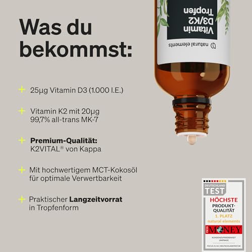 natural elements Vitamin D3 + K2 Tropfen 50ml - Premium: 99,7+% All-Trans (K2VITAL® von Kappa) + hoch bioverfügbares Vitamin D3 - Laborgeprüft, hochdosiert, flüssig und in Deutschland produziert