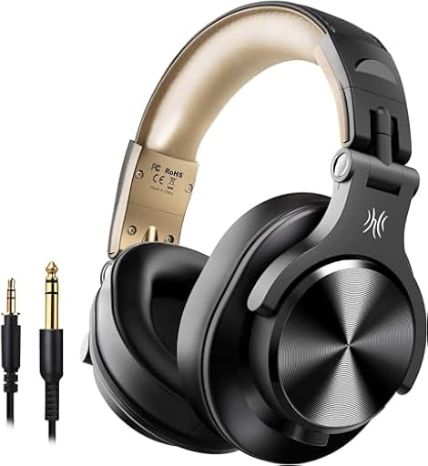 OneOdio A70 Auricurales Bluetooth Inalambricos 72H, Auriculares Diadema Cerrados con Puerto Compartido, Auriculares Cable de 3.5mm para DJ Piano Guitarra Grabación y Monitoreo AMP, Oro | Ya disponible en tu tienda friki favorita! En mundofriki.es!