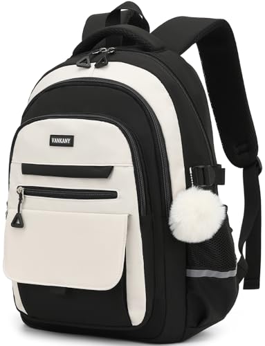 Image of School Backpack for Teen Girls, Large Capacity Laptop Bag for High School Middle School Elementary, Aesthetic Bookbag College Women, Beige Black