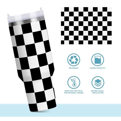 30 oz Tumbler with Straw & Handle - 2 in 1 Lids Leak Proof Tumblers - Large Insulated Stainless Steel Cup - BPA-Free Water Bottle Travel Metal Mug for Women Man, Black and White Checkered Plaid by YNNALE - Used condition - Image 6