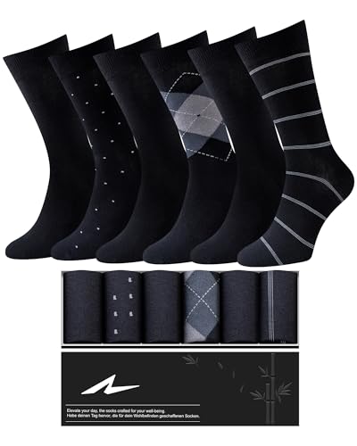 Niorasen 6 Pairs Bamboo Mens Socks, Comfortable Soft Top Crew Socks, Breathable Smart Classic Dress Sock with Gift Box for Everyday Business Casual 3Black+3Pattern Black 12-15