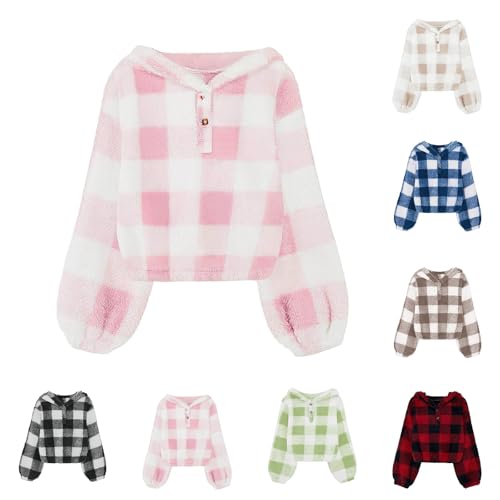 Girls Fuzzy Hoodies Plaid Warm Button Pullover Kids Trendy Preppy Oversized Warm Crop Plain Long Sleeve T-Shirt2