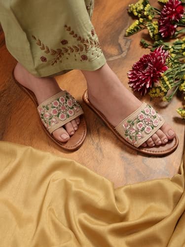Image of OPIVE's Mehandi Women's Mojari Jutti Ethnic Punjabi Juttis Traditional Flat Embroidered Canvas Fancy Bellies Comfortable Sole for Womens & Girls