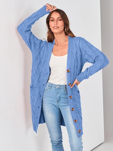 Image of PRETTYGARDEN Long Sleeve Cable Knit Long Cardigan for Women 2026 Spring Winter Chunky Open Front Button Sweaters with Pockets