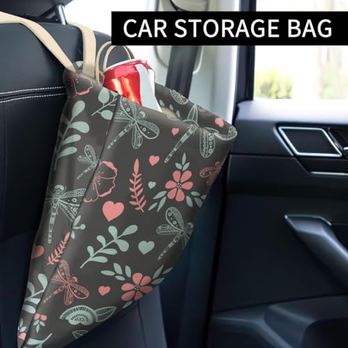 Image of Car Trash Can, Cute Car Trash Bag, Hanging Car Organizer and Storage Bag, Trash Bin for Car Accessories, Vehicle, Travelling, Camping Cute Dragonfly and Flowers