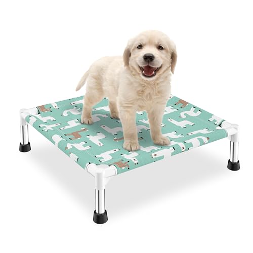 Cute Alpaca Print Elevated Dog Bed - Portable Cooling Pet Cot for Small Dogs - Breathable Thickened Fabric Hammock Crate Compatible Indoor & Outdoor Use