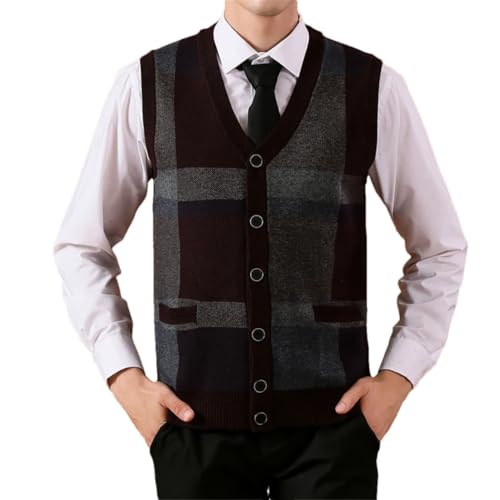 Mens Sweater Vest Thick Wool Patchwork Knit Vest Vintage Buttons Warm Business Waistcoat