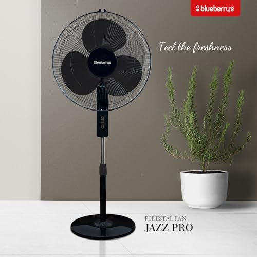 Image of Blueberry's High-Speed Oscillating Pedestal Fan, 3-Adjustable Fan Speeds, Rust Resistant Body, Adjustable Length, RPM 2200, 400-mm Sweep Length (Black)