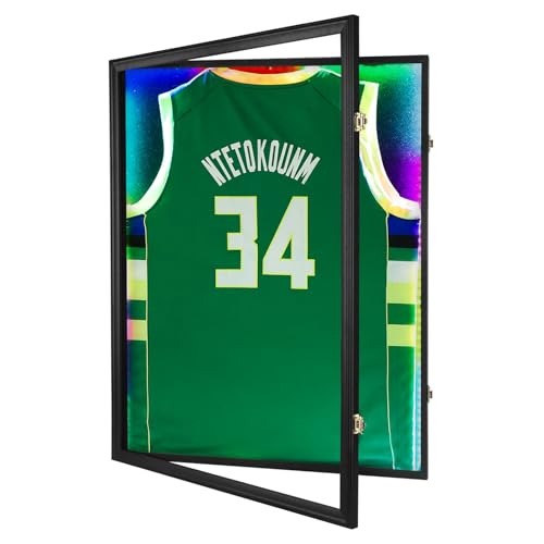 Image of IHEIPYE LED Jersey Frame Display Case - Shadow Box with LED Light - Black Lock, UV Resistant Acrylic Wall Mount Display Case for Football, Baseball, Basketball Jersey with Light