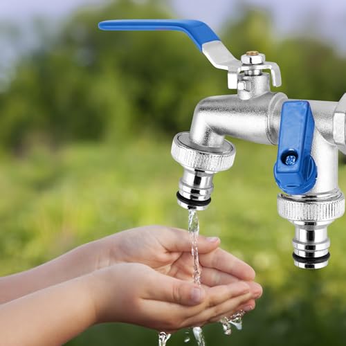 ‎CTDMJ Wasserhahn Garten Doppel Auslaufhahn 1/2 Zoll & 3/4 Zoll Kugelhahn Doppelwasserhahn aus Messing mit 2 * Gratis Schlauchanschlüsse1*Rollendichtband, Doppelanschluss und Schlauchtülle (Blau)